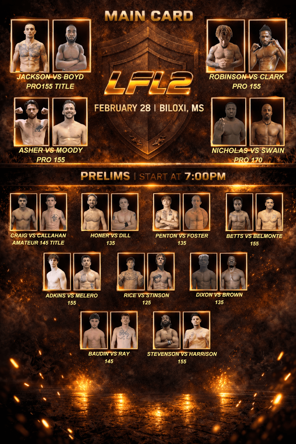 Official LFL 2 fight card graphic for February 28 in Biloxi, MS, showing the main card and the prelim bouts with each fighter's photo.