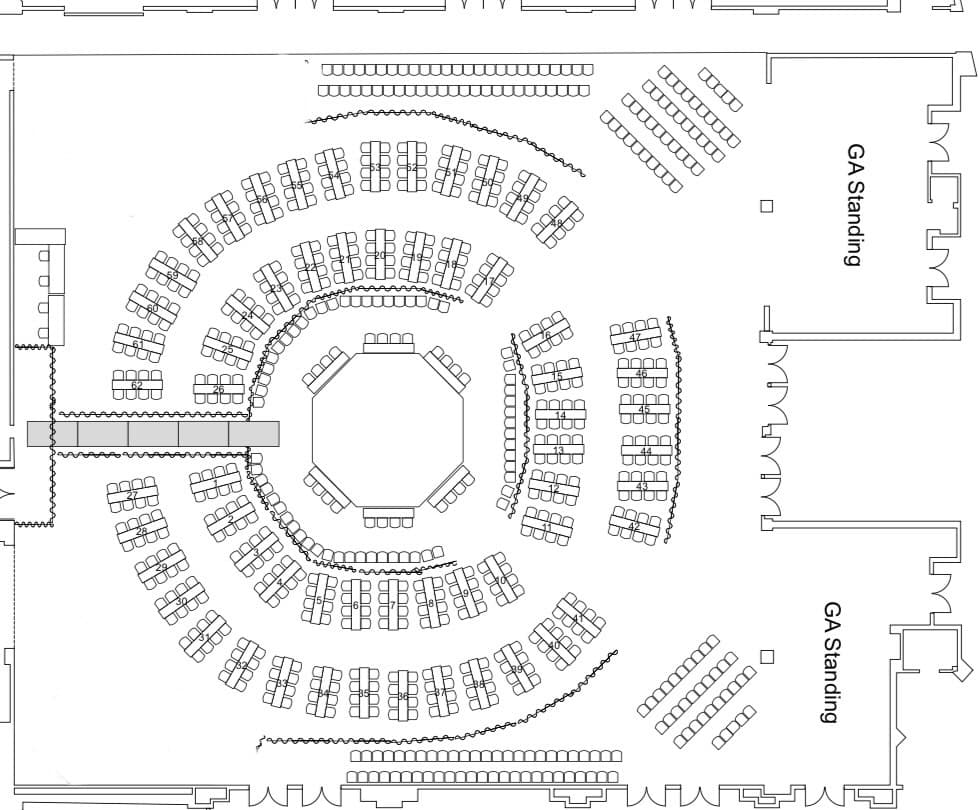 LFL 4 seating map: the cage in the centre surrounded by numbered tables, with rows of seating and general-admission standing areas at the edges of the hall.